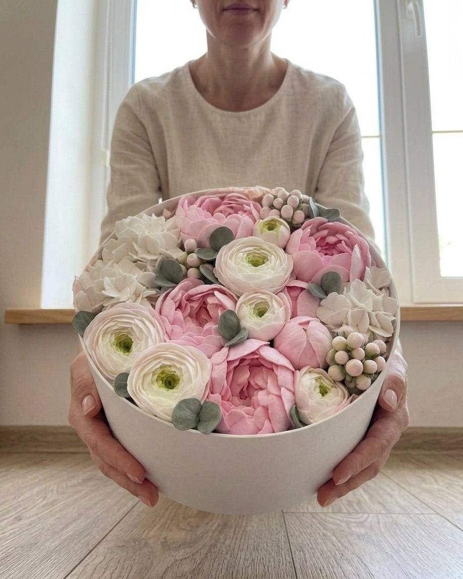 Зефирные цветы в шляпной коробке «Нежный сад»